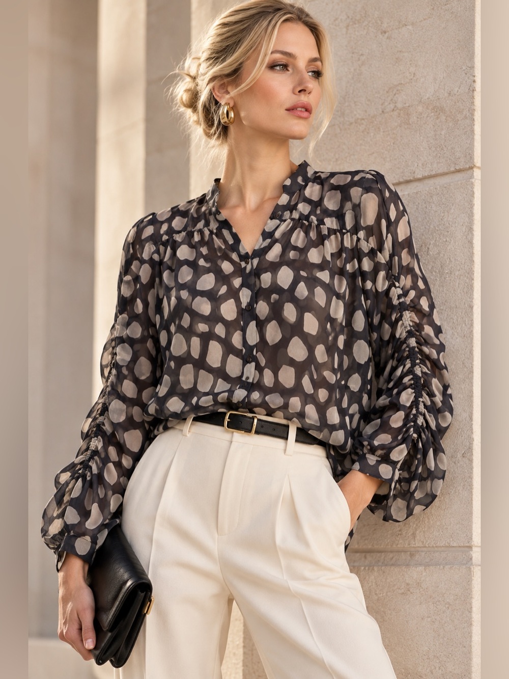 Club Monaco L Abstract Geometric Print Sheer Ruched Sleeve Button Blouse L